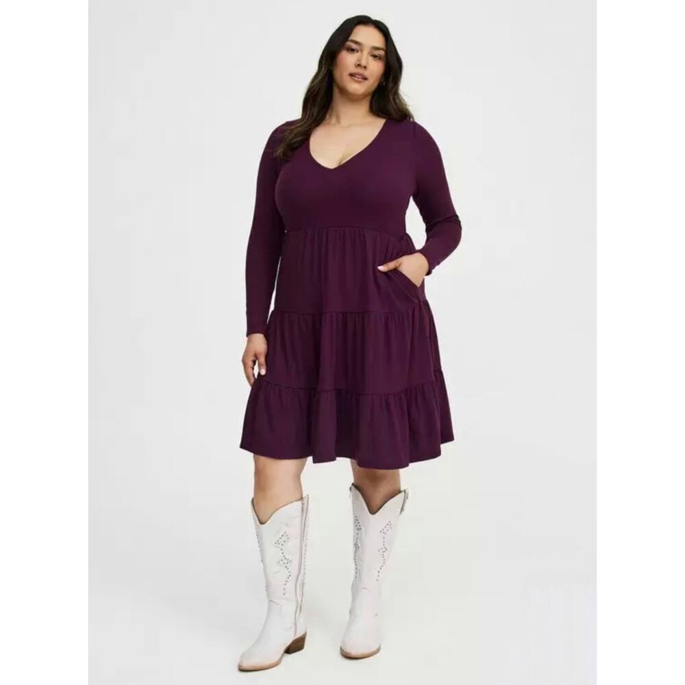 Torrid Waffle Knit Tiered Mini Dress Size 6 /6x / 30 Long Sleeve Potent Purple